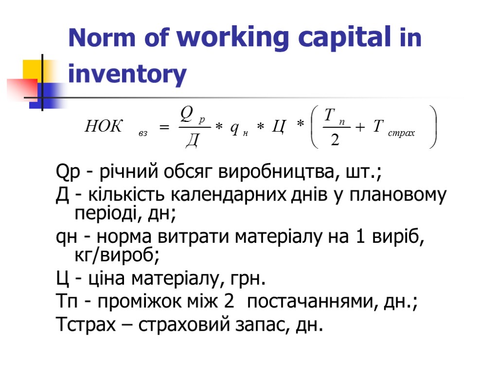 Norm of working capital in inventory Qр - річний обсяг виробництва, шт.; Д -